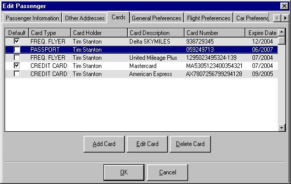 The Passengers Cards tab showing two frequent flyer programs, a passport and two credit cards, with default cards marked.