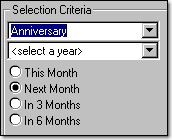 A client profile search based on anniversaries within the next month.