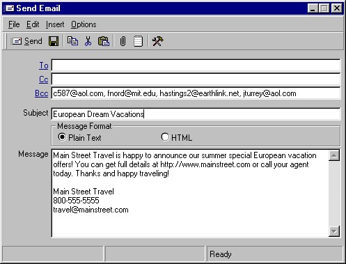 An email message from the ClientMajic emailer showing email being sent to multiple clients found with the Client Profile Query Wizard.