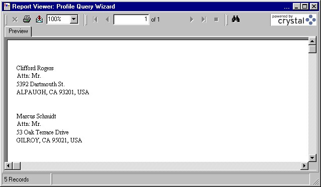 A Print Preview window showing mailing labels for client found by the Client Profile Query Wizard.
