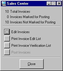 The Sales Center main window showing 10 invoices for the agent, all 10 of which are not yet marked for posting. The agent has options to Edit the invoices, print an Edit List or print a verification list.