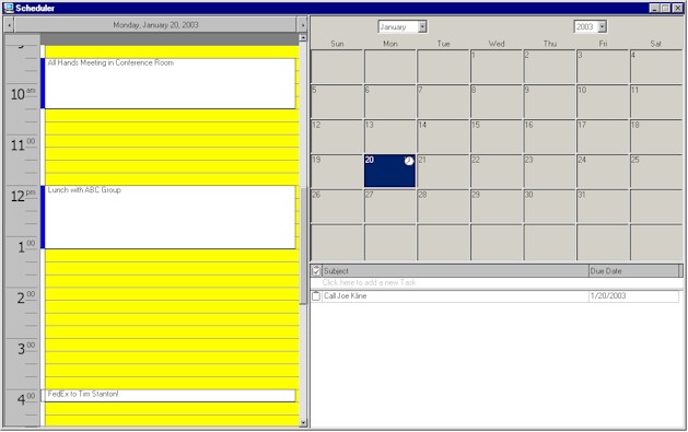 The Scheduler window showing a public appointment, a private appointment, a reminder and a task. Also shown is the monthly calendar.
