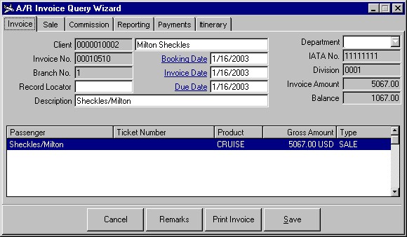 The A/R Invoice Query Wizard showing an A/R invoice with an outstanding balance.