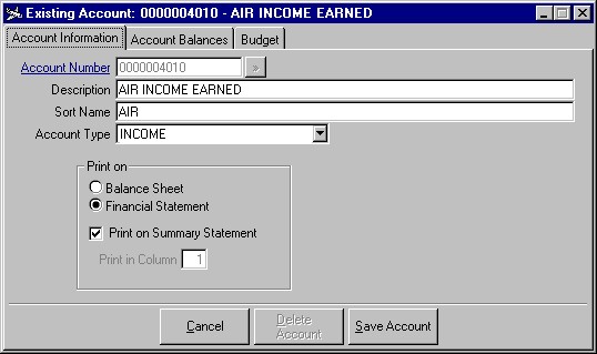 The General Ledger Account window showing an income account (Air Income Earned).