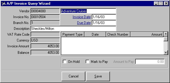 The final step of the A/P Invoice Query Wizard showing detail for a selected invoice.