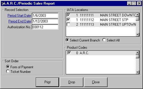 The A.R.C. Report Options window showing date and sort options, multiple IATA numbers, and alternative product code choices for other product types to be tracked with a periodic report.