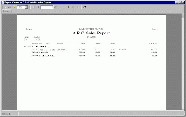 The Print Preview window showing the first section of the A.R.C. Report.