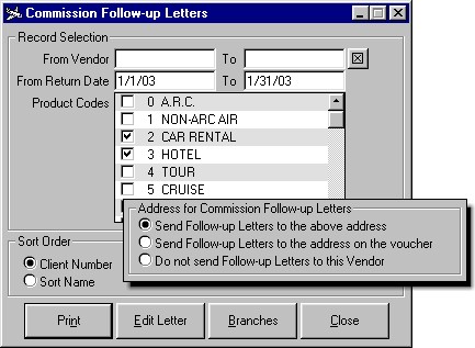 The Commission Follow-up Letters Option window showing date and product code options, plus an inset showing options to send letter to individual properties or chain headquarters.