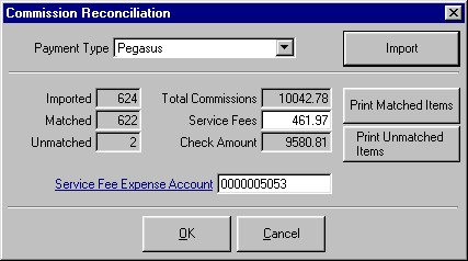 The Commission Reconciliation window showing Pegasus commission reconciliation data.