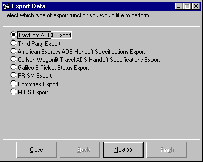 The Data Export window showing options such as ASCII, Amex ADS, Carlson Wagonlit ADS, Galileo E-Ticket, PRISM, Commtrak, and MIRS.