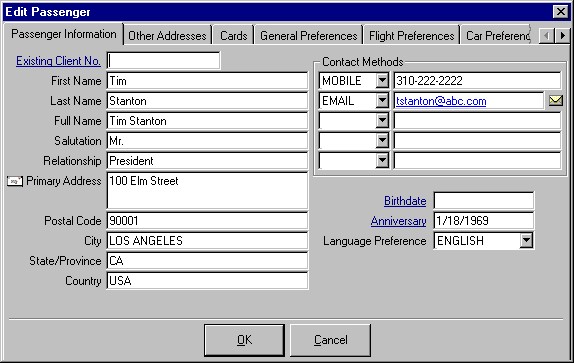 The Passenger Detail window showing the primary address for the individual passenger, five contact methods (phone, email, fax, web), a birthdate, an anniversary and a language preference.